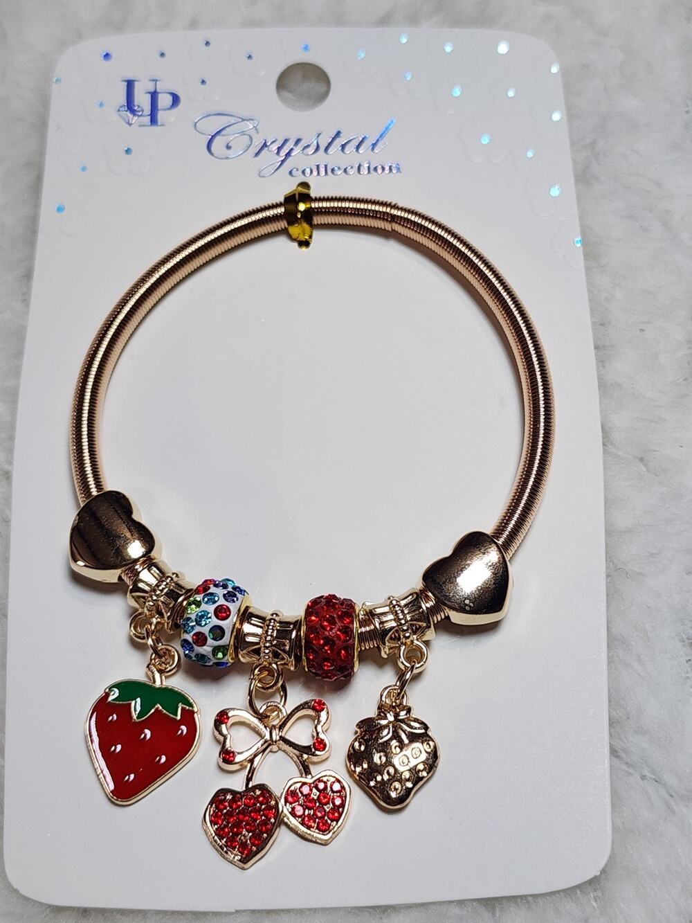 Gold-Tone Stretch Charm Bracelet with Rhinestone Fruit Dangles & Crystal Beads